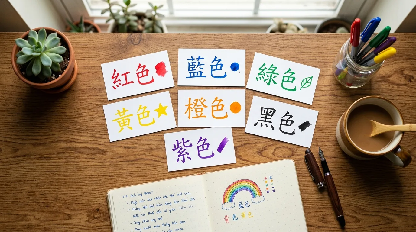 Học từ vựng màu sắc tiếng Trung qua flashcard nhóm màu cơ bản và văn hóa