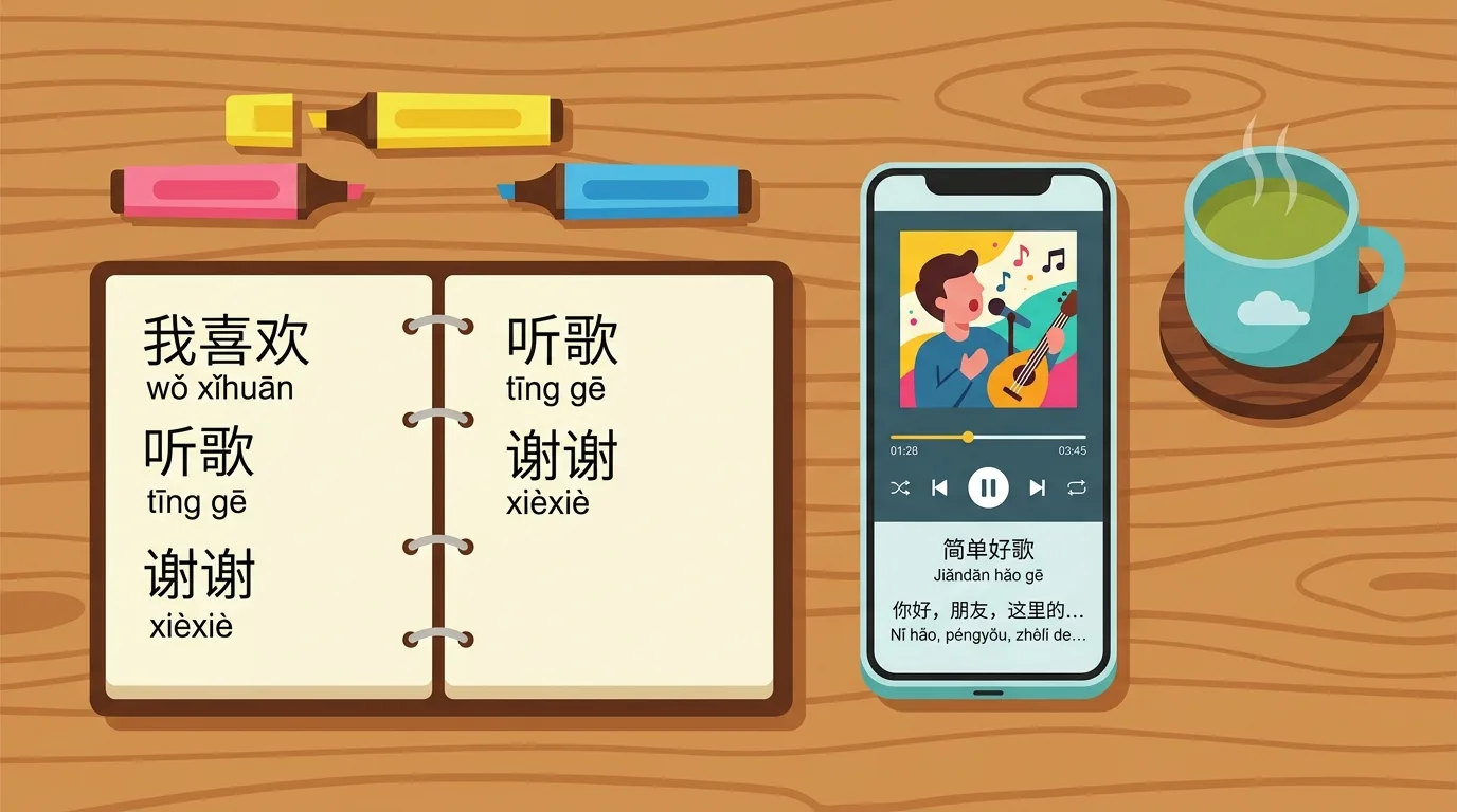 Quy trình tự học tiếng Trung qua bài hát với sổ tay ghi chép từ vựng và pinyin