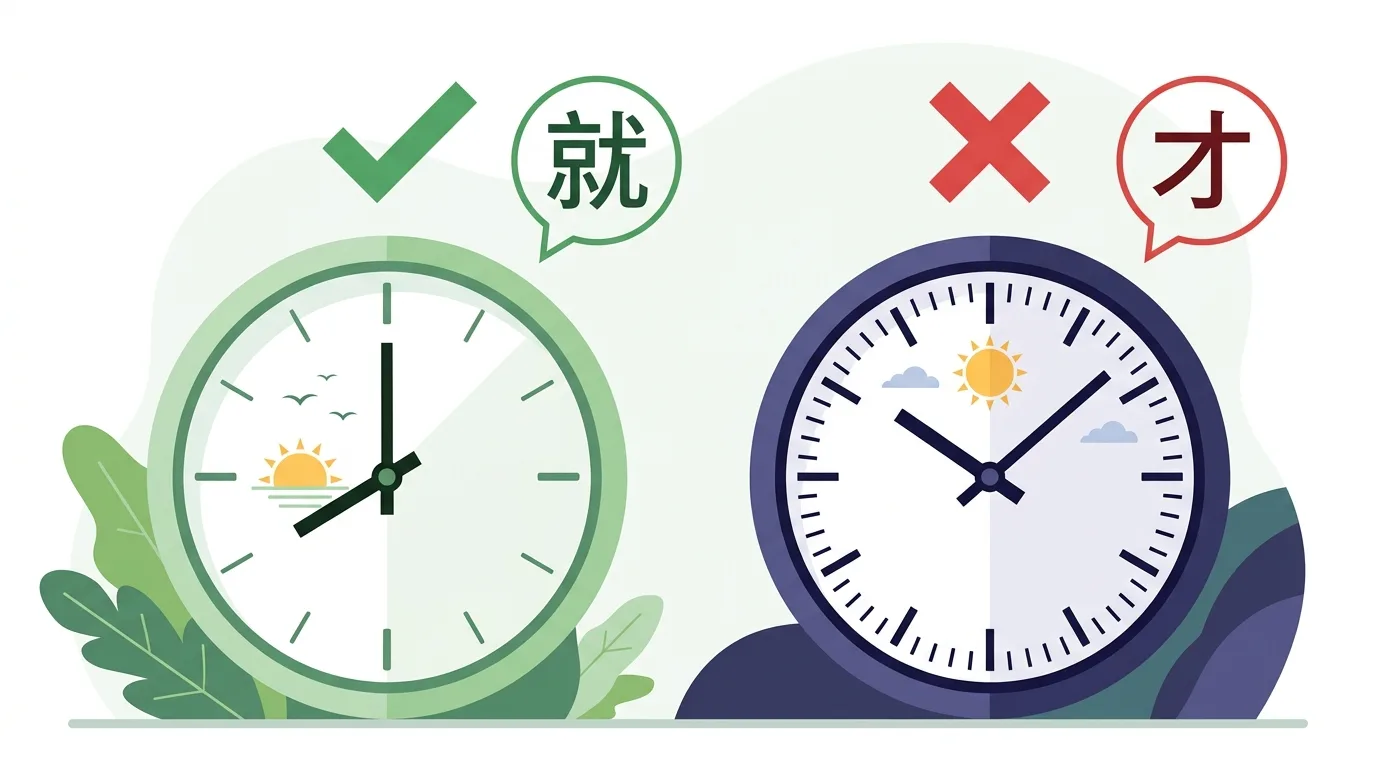 Cặp câu đối lập minh hoạ sắc thái sớm muộn của 就 và 才 trong tiếng Trung
