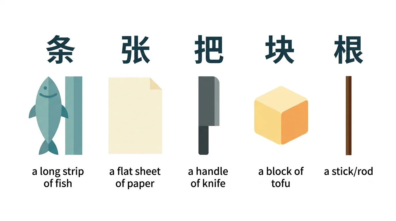lượng từ tiếng Trung theo hình dạng đồ vật như 条 张 把 块 根