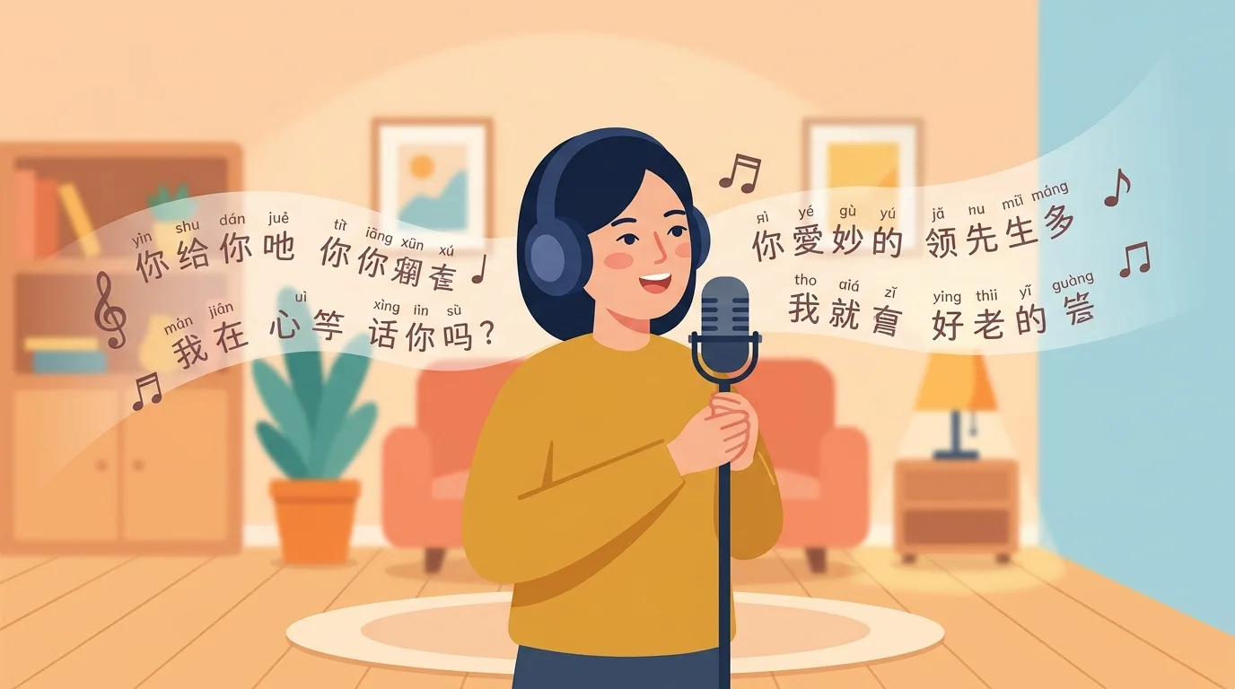 Cô gái trẻ đeo tai nghe luyện phát âm tiếng Trung qua bài hát ballad kinh điển