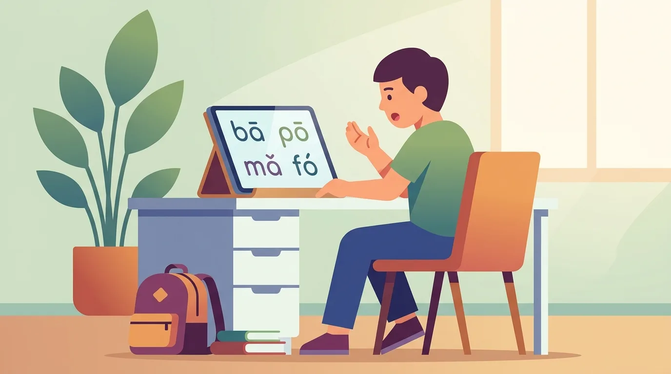 Học viên luyện phát âm Pinyin tiếng Trung trên máy tính bảng hiện đại