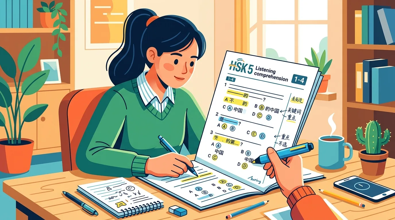 Thí sinh đọc câu hỏi trước khi nghe hội thoại ngắn HSK 5