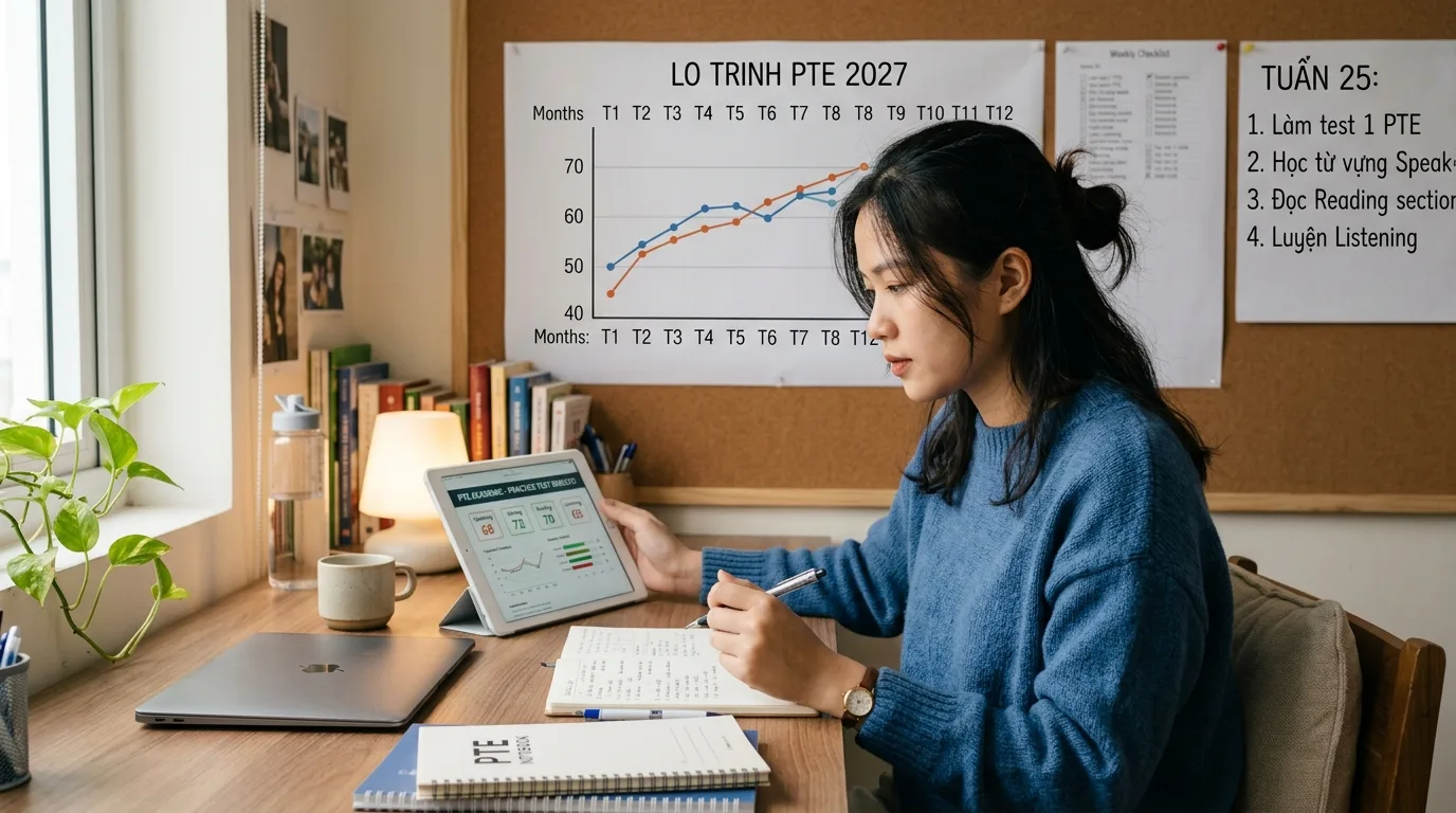 Đánh giá tiến độ luyện thi PTE định kỳ qua bài kiểm tra hàng tháng