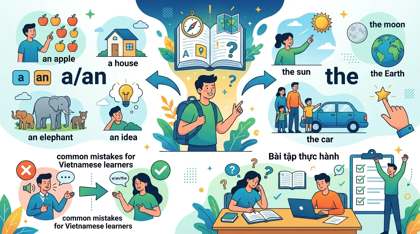Cách dùng mạo từ a/an/the chuẩn: Quy tắc và bài tập thực hành