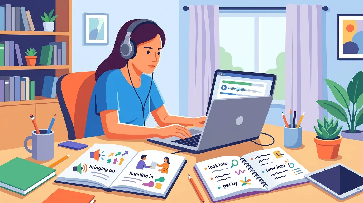 thí sinh luyện nghe phrasal verbs trong đề thi PTE Listening và Speaking